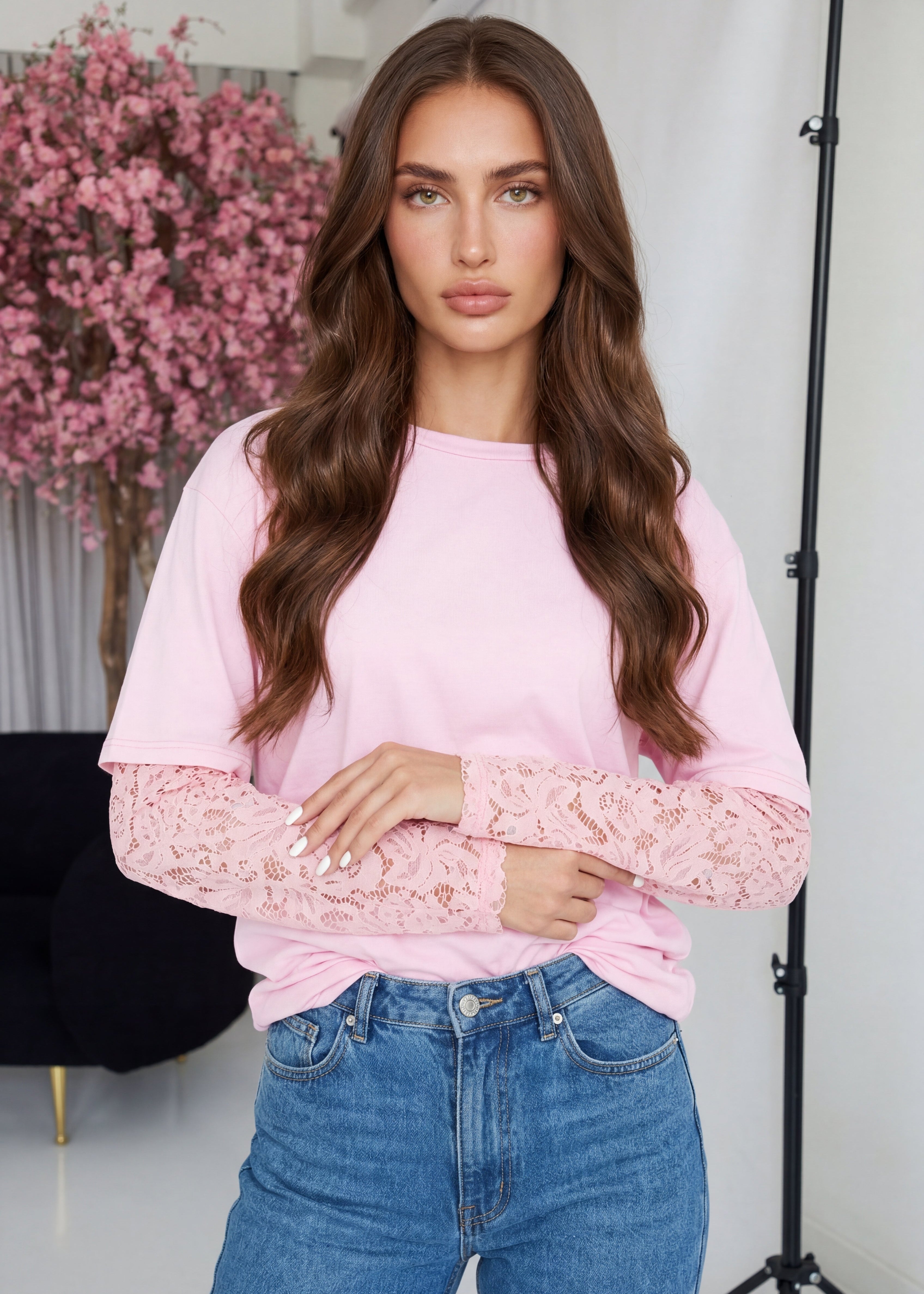 ESMA - t-shirt rosa 2 in 1 con maniche in pizzo