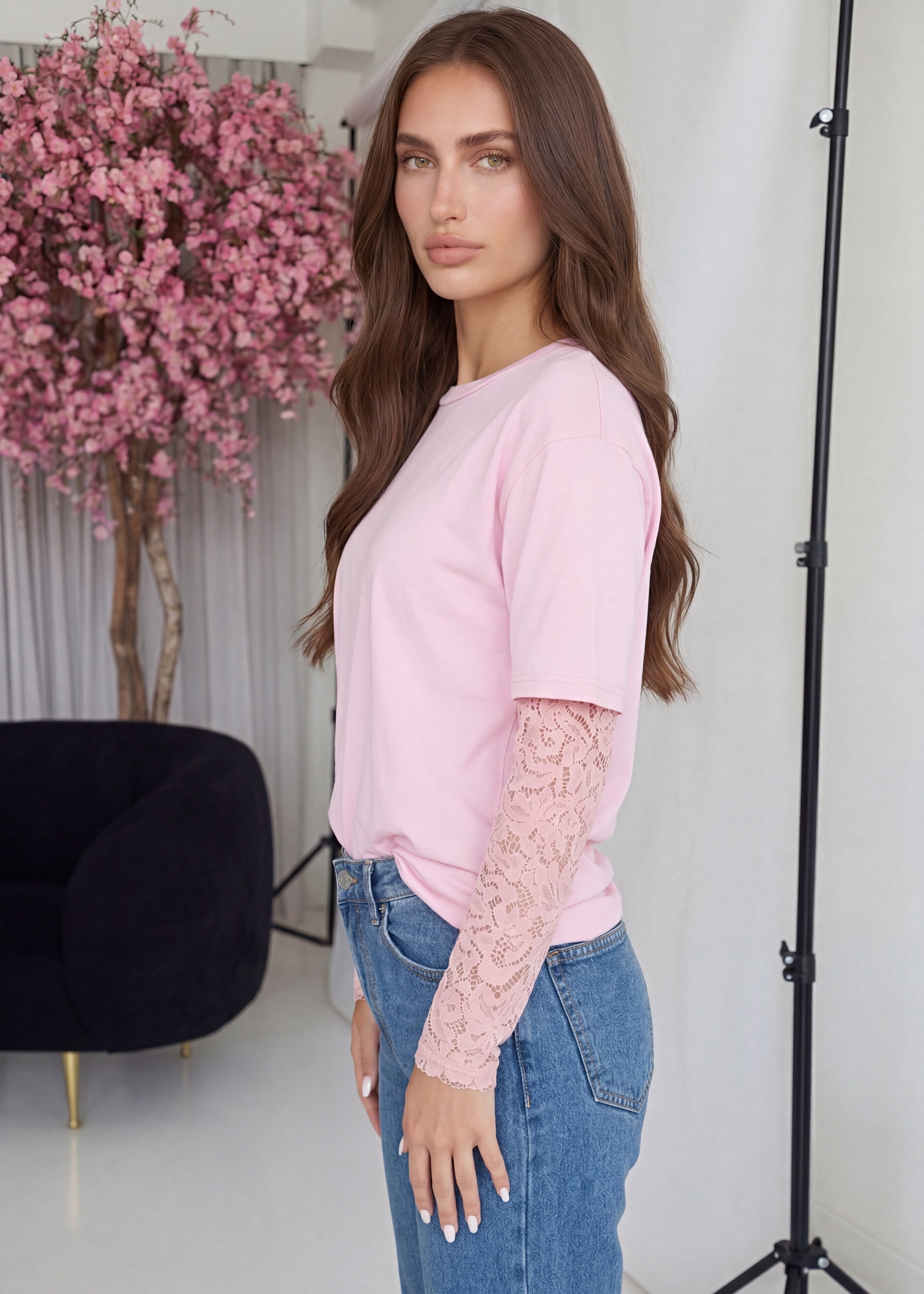 ESMA - t-shirt rosa 2 in 1 con maniche in pizzo