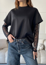 ESMA - t-shirt nera 2 in 1 con maniche in pizzo