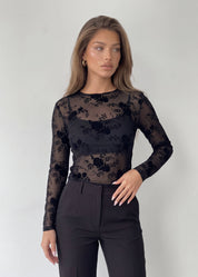 FIBBIE - maglia trasparente con ricami floreali in rilievo nero