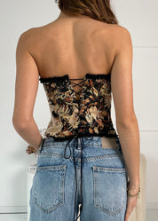 FLORIA - top corpetto nero con orlo ruches e fiocco e allacciatura posteriore