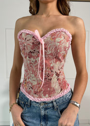 FLORIA - top corpetto rosa con orlo ruches e fiocco e allacciatura posteriore