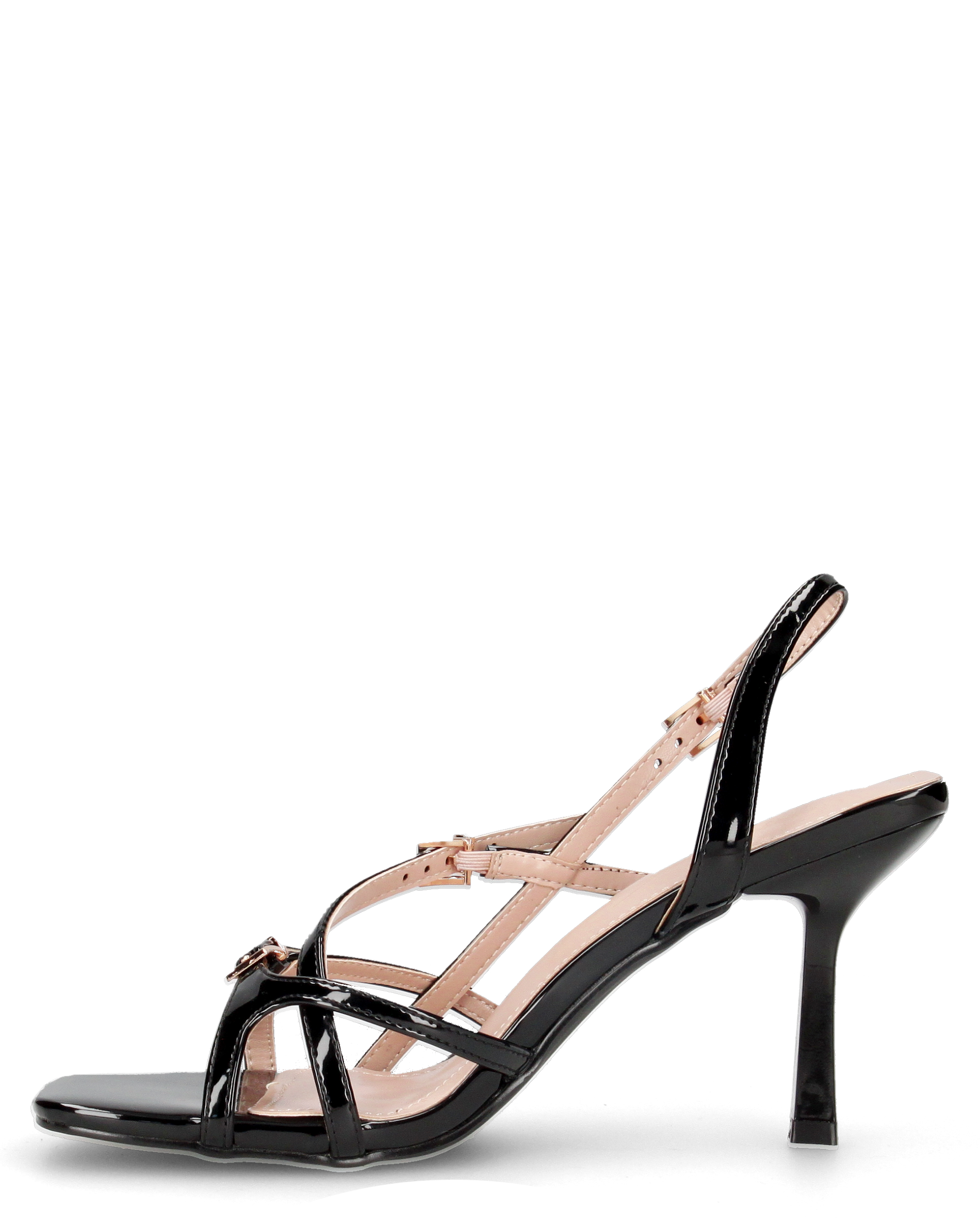 HILDE - Sandalo tacco nero con listini e fibbie dorate