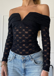 GAYE - body in pizzo nero con scollo bardot