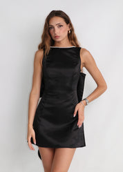 THALIE - mini dress nero con scollo posteriore e fiocco svasato con perline