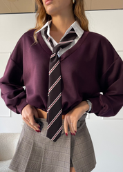 ABIGAIL - set felpa crop burgundy con cravatta e camicia