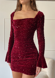 NELLY - vestito mini burgundy in velluto e paillettes con scollo sulla schiena