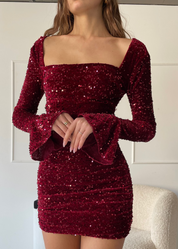 NELLY - vestito mini burgundy in velluto e paillettes con scollo sulla schiena