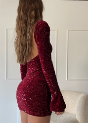 NELLY - vestito mini burgundy in velluto e paillettes con scollo sulla schiena