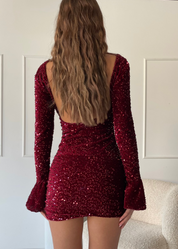 NELLY - vestito mini burgundy in velluto e paillettes con scollo sulla schiena