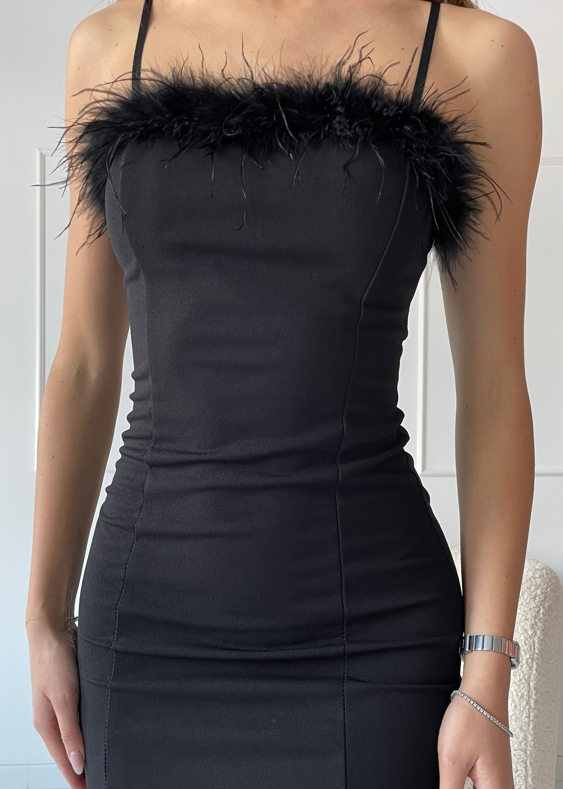 LOUCIA - vestito tubino mini con scollo con piume