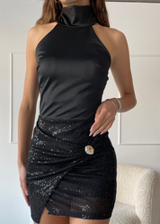 ALLY - vestito mini collo alto con gonna drappeggiata di paillettes