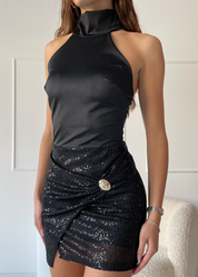 ALLY - vestito mini collo alto con gonna drappeggiata di paillettes