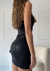 ALLY - vestito mini collo alto con gonna drappeggiata di paillettes