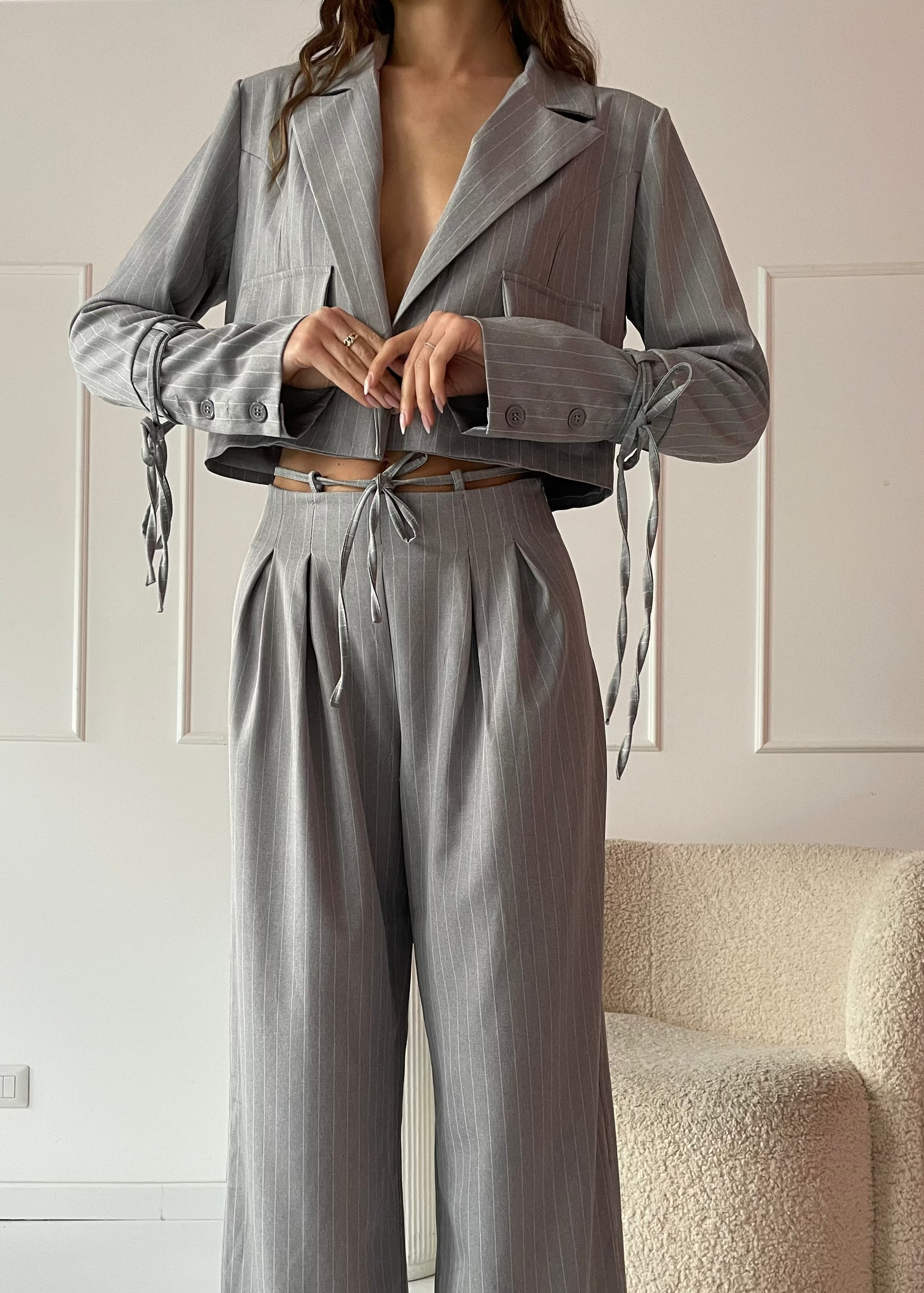 JESSY - completo tailleur giacca e pantalone grigio gessato