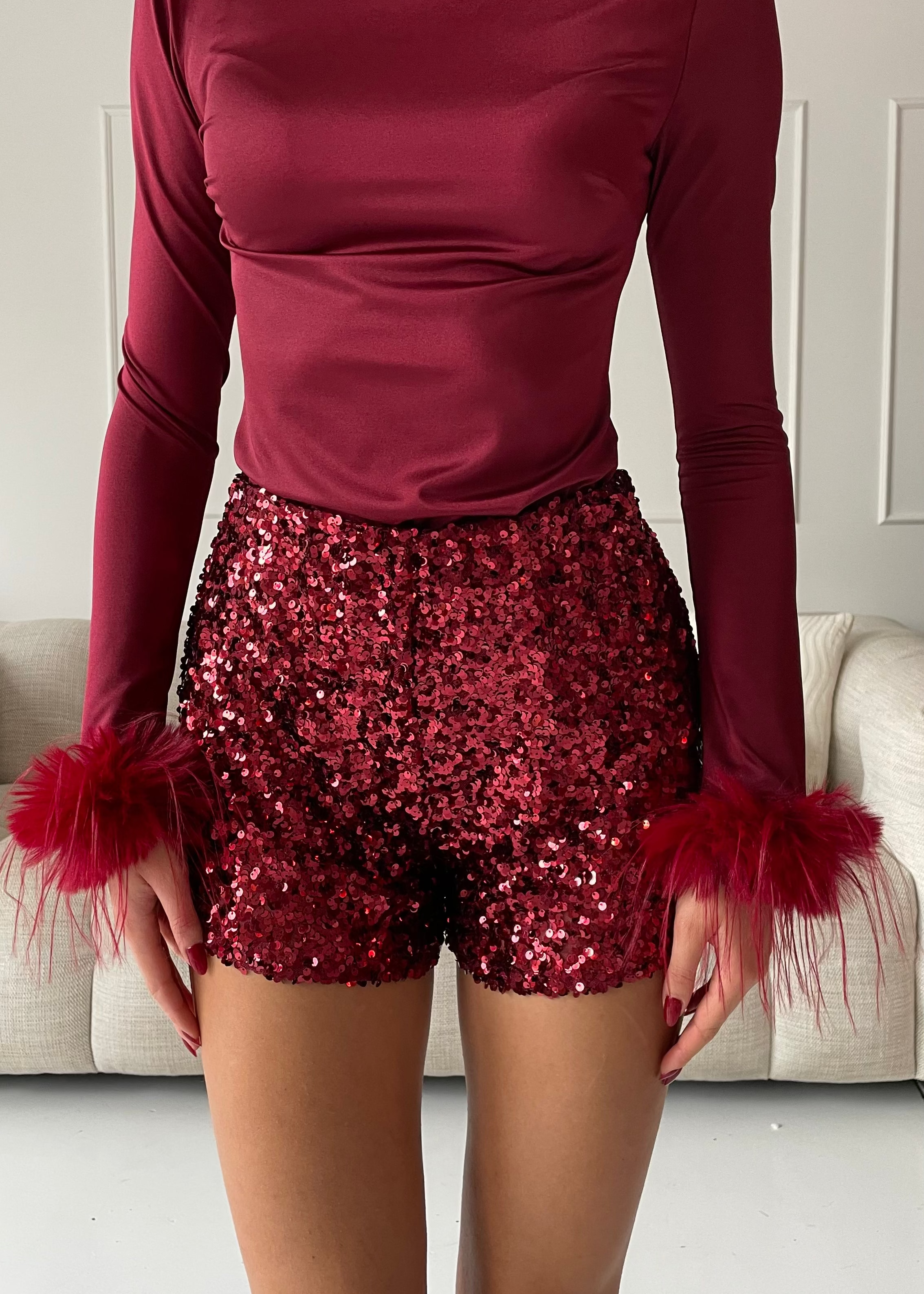 SYREN -shorts in paillettes rosso wine