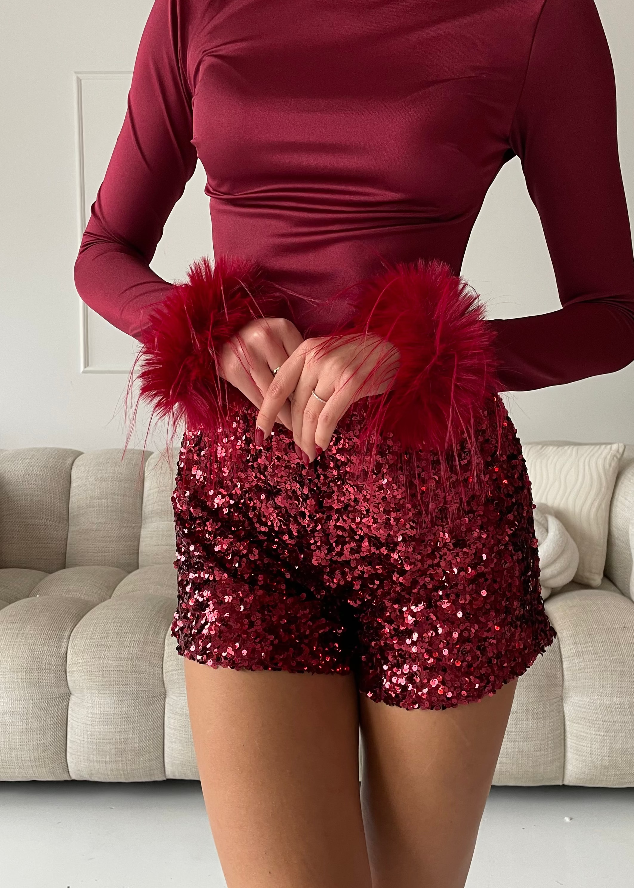 SYREN -shorts in paillettes rosso wine