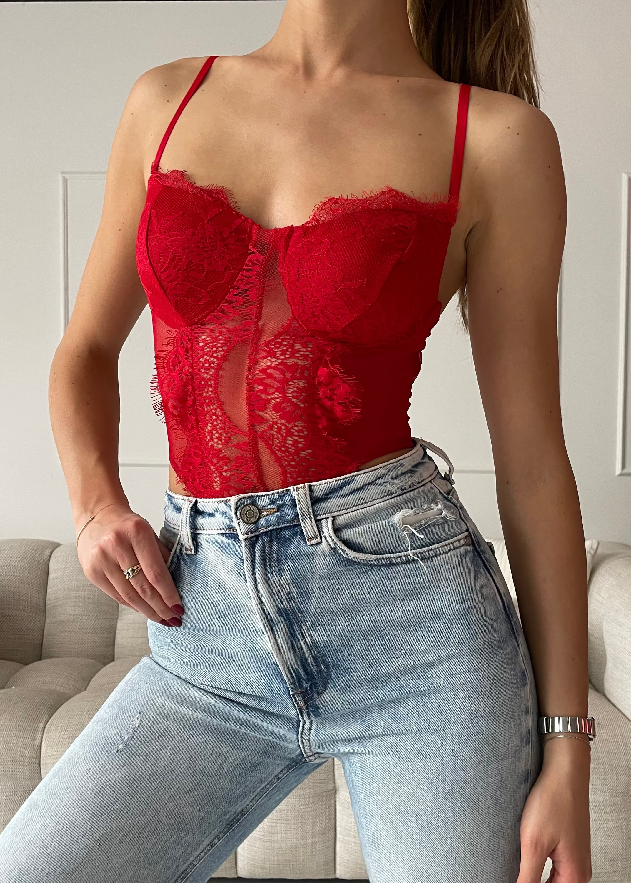 CAROL - body corpetto in pizzo rosso