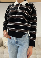 AVA - maglione stile maglione knit a righe marroni e nere con colletto