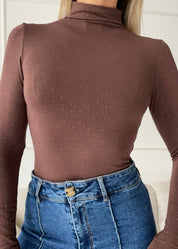 WINI - maglietta a collo alto con strass in marrone