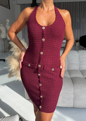 ALIX - mini abito effetto bouclè bordeaux con bottoni gioiello oro