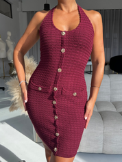 ALIX - mini abito effetto bouclè bordeaux con bottoni gioiello oro