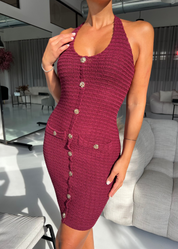 ALIX - mini abito effetto bouclè bordeaux con bottoni gioiello oro