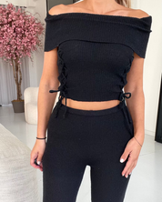 KLANDY - set coordinato completo top stile bardot e pantaloni flare in bianco