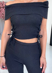 KLANDY - set coordinato completo top stile bardot e pantaloni flare in bianco