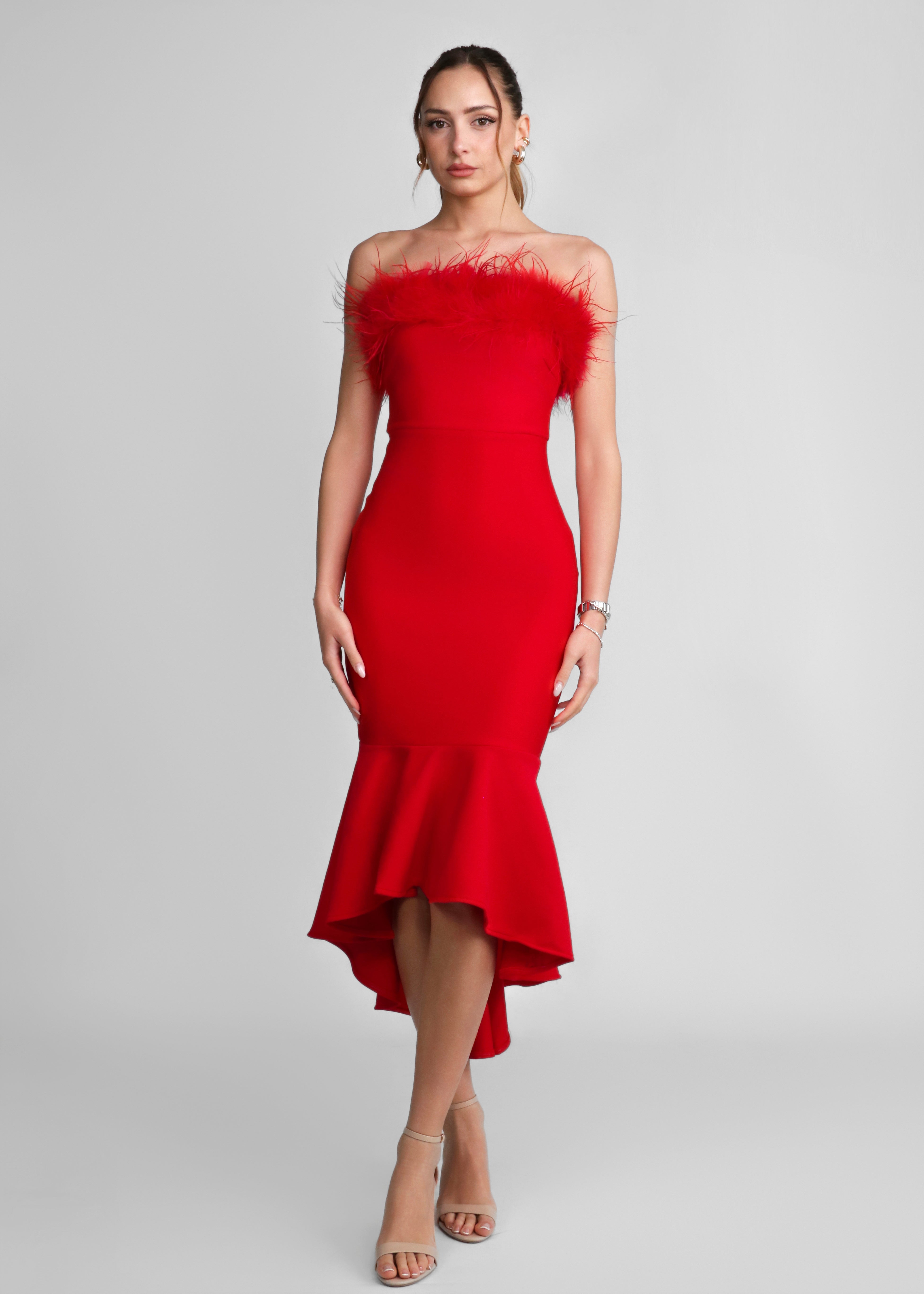 VENICE - vestito rosso midi con scollo con piume
