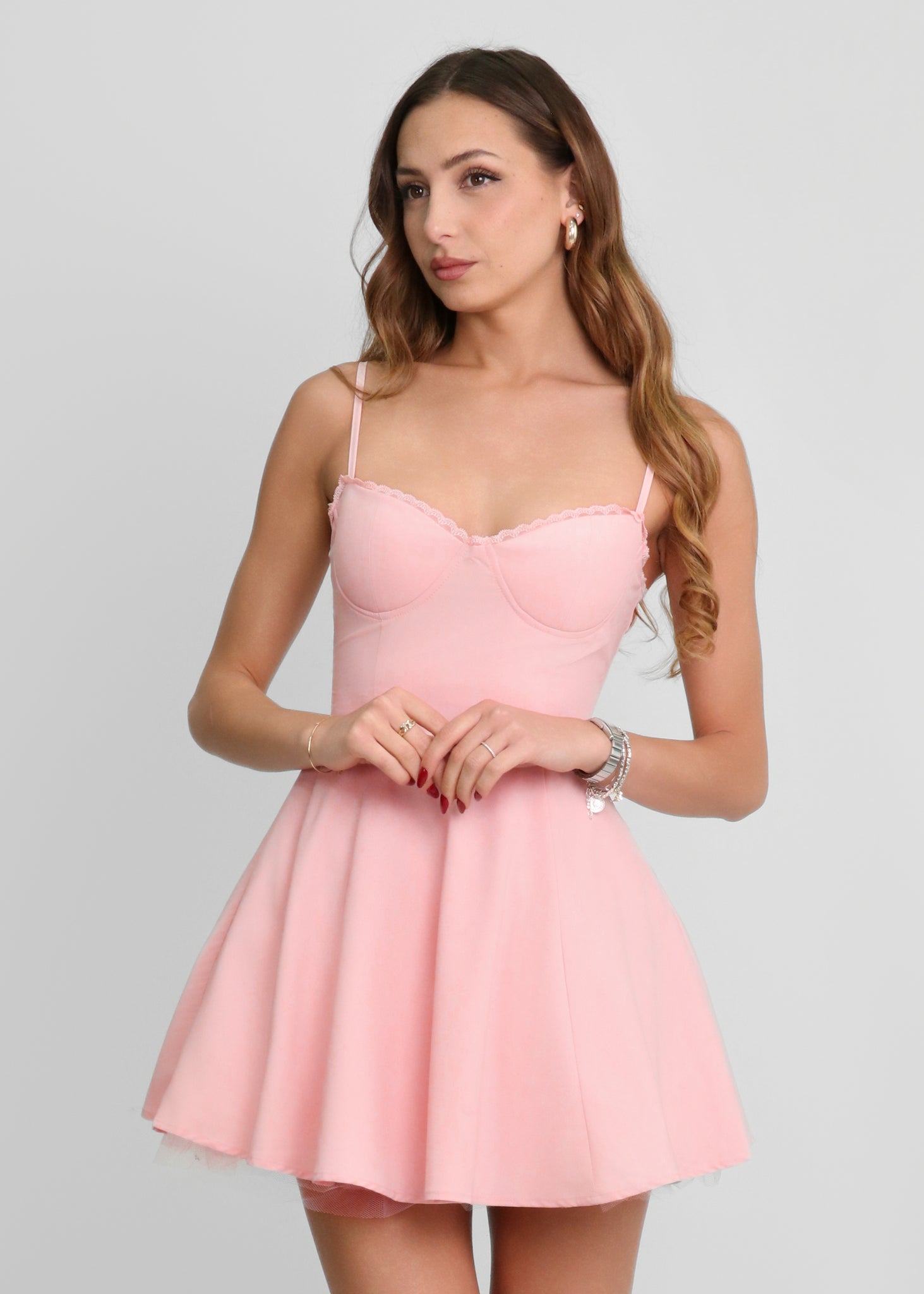 DAISY vestito rosa corto a corpetto con gonna a ruota – QUANTICLO®