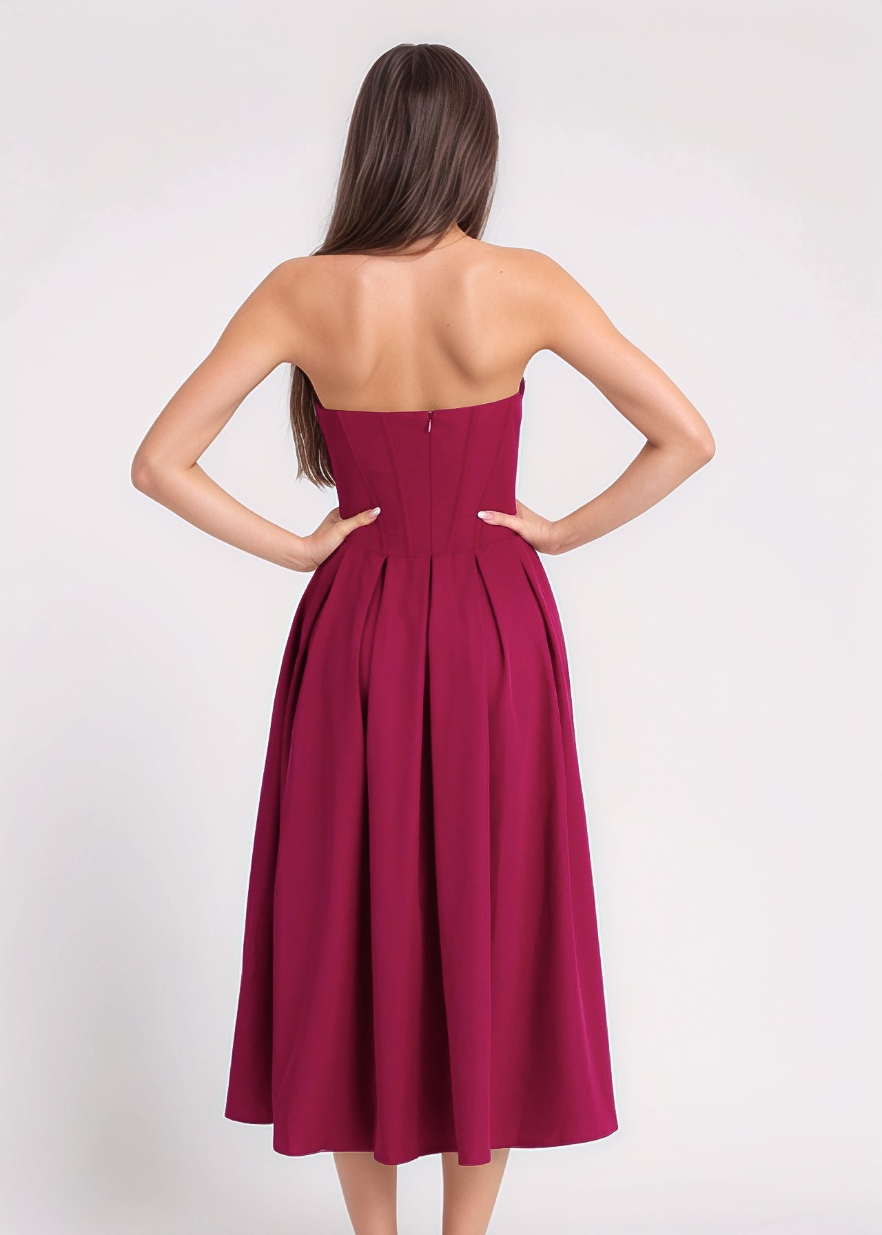 JADA - vestito midi a ruota burgundy con corpetto senza spalline