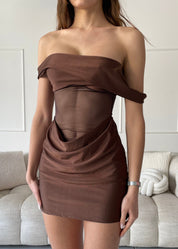 JAKA - vestito mini marrone drappeggiato con inserto trasparente