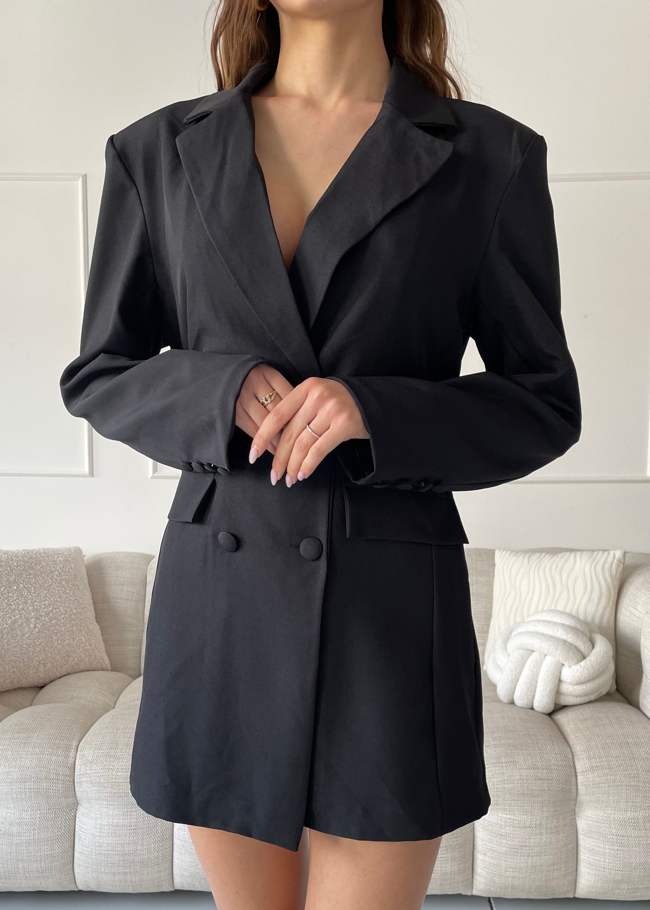 JANA - blazer vestito over doppio petto stretto in vita in nero