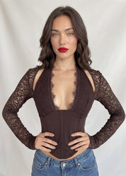 JAUS - crop top corpetto con maniche e scollo in pizzo marrone