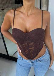 JOSYE - top corpetto in pizzo marrone