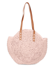 JANINE - borsa tote grande rosa in paglia intrecciata con manici cuoio e zip interna