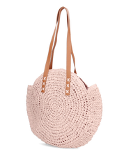JANINE - borsa tote grande rosa in paglia intrecciata con manici cuoio e zip interna