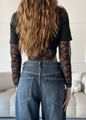 KAJSA - body 2 in 1 t-shirt crop con maniche e dettagli in pizzo nero