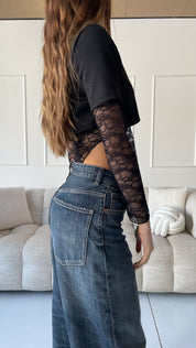 KAJSA - body 2 in 1 t-shirt crop con maniche e dettagli in pizzo nero