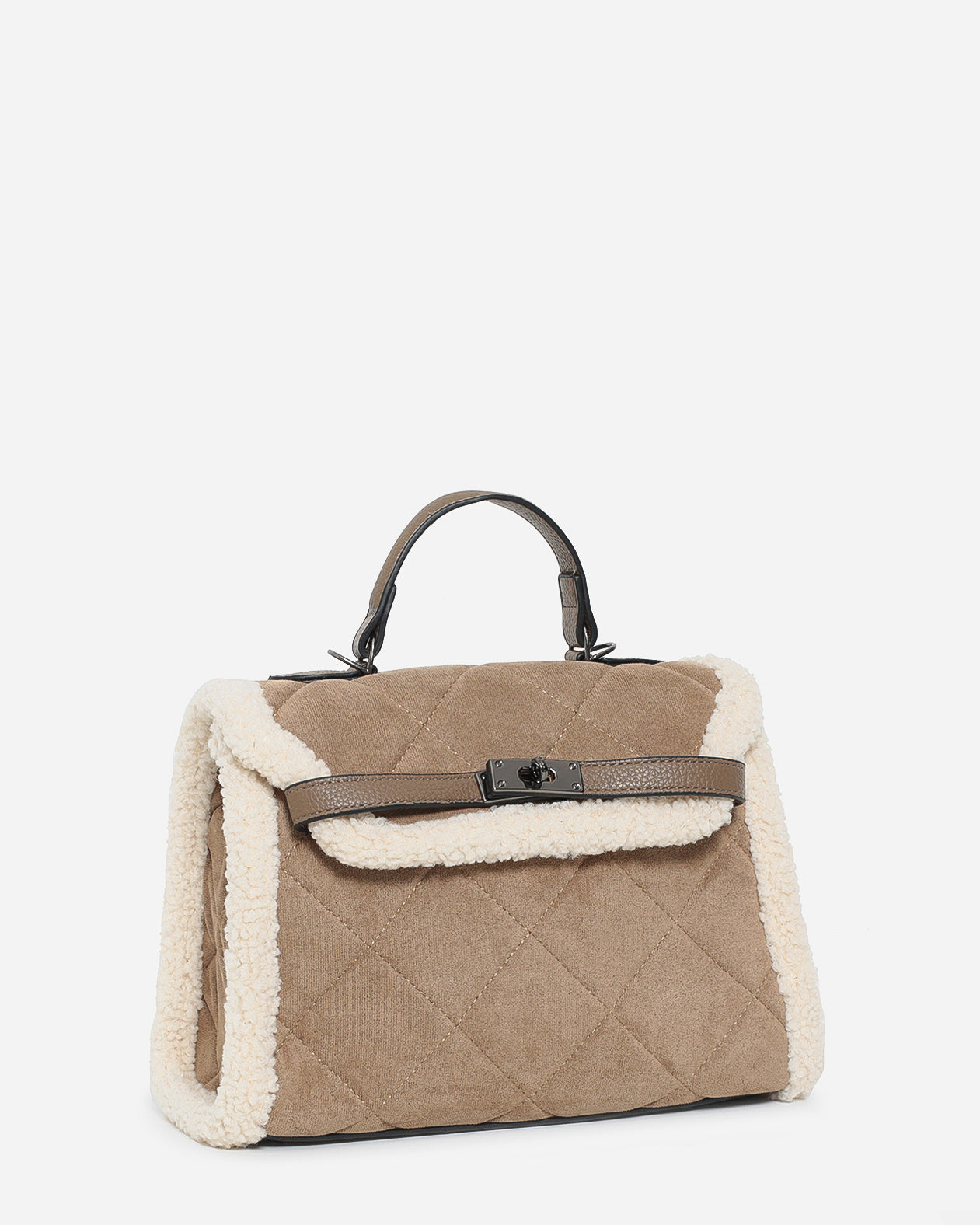 KALLY - borsa bauletto cachi scamosciata con finiture teddy/montone