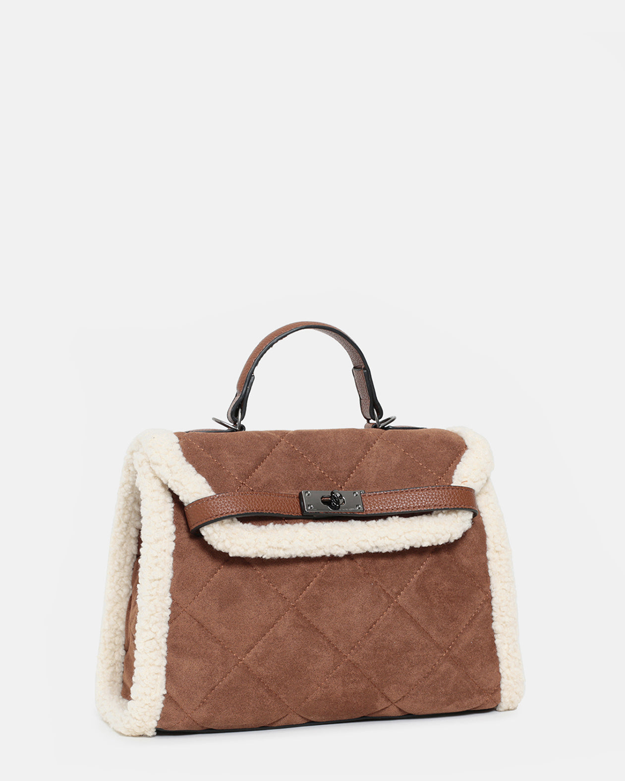 KALLY - borsa bauletto marrone scamosciata con finiture teddy/montone