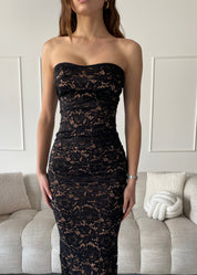 KATIJA - vestito midi in pizzo nero senza spalline