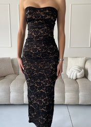 KATIJA - vestito midi in pizzo nero senza spalline