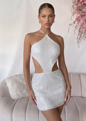 KEARNA - vestito cut out con tessuto a rete pailettes in bianco