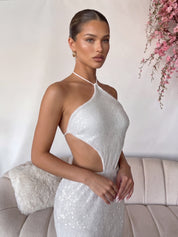 KEARNA - vestito cut out con tessuto a rete pailettes in bianco