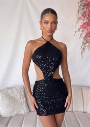 KEARNA - vestito cut out con tessuto a rete pailettes in nero