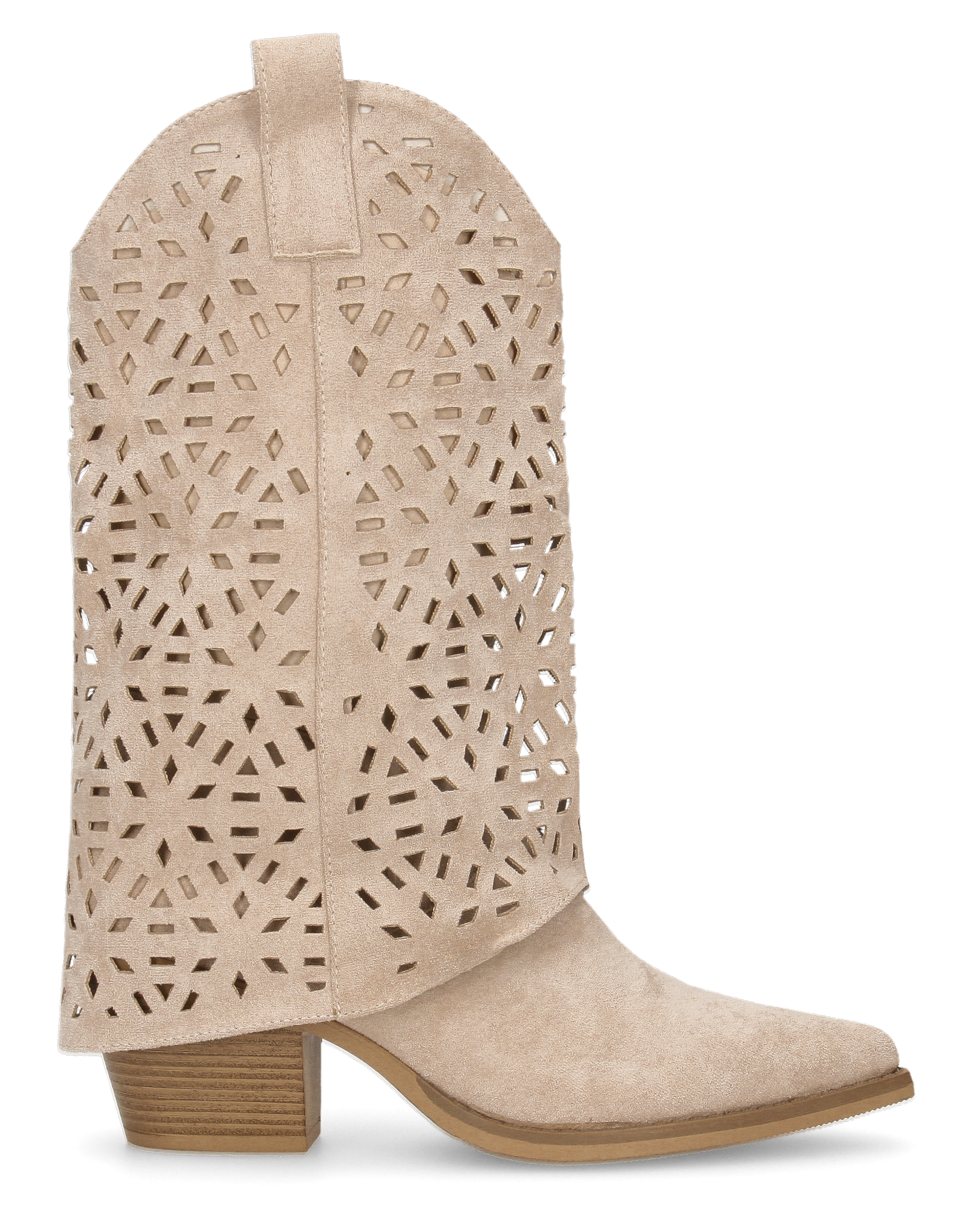 KEIKO - stivali texani beige in simil camoscio con gambale traforato e tacco a blocco