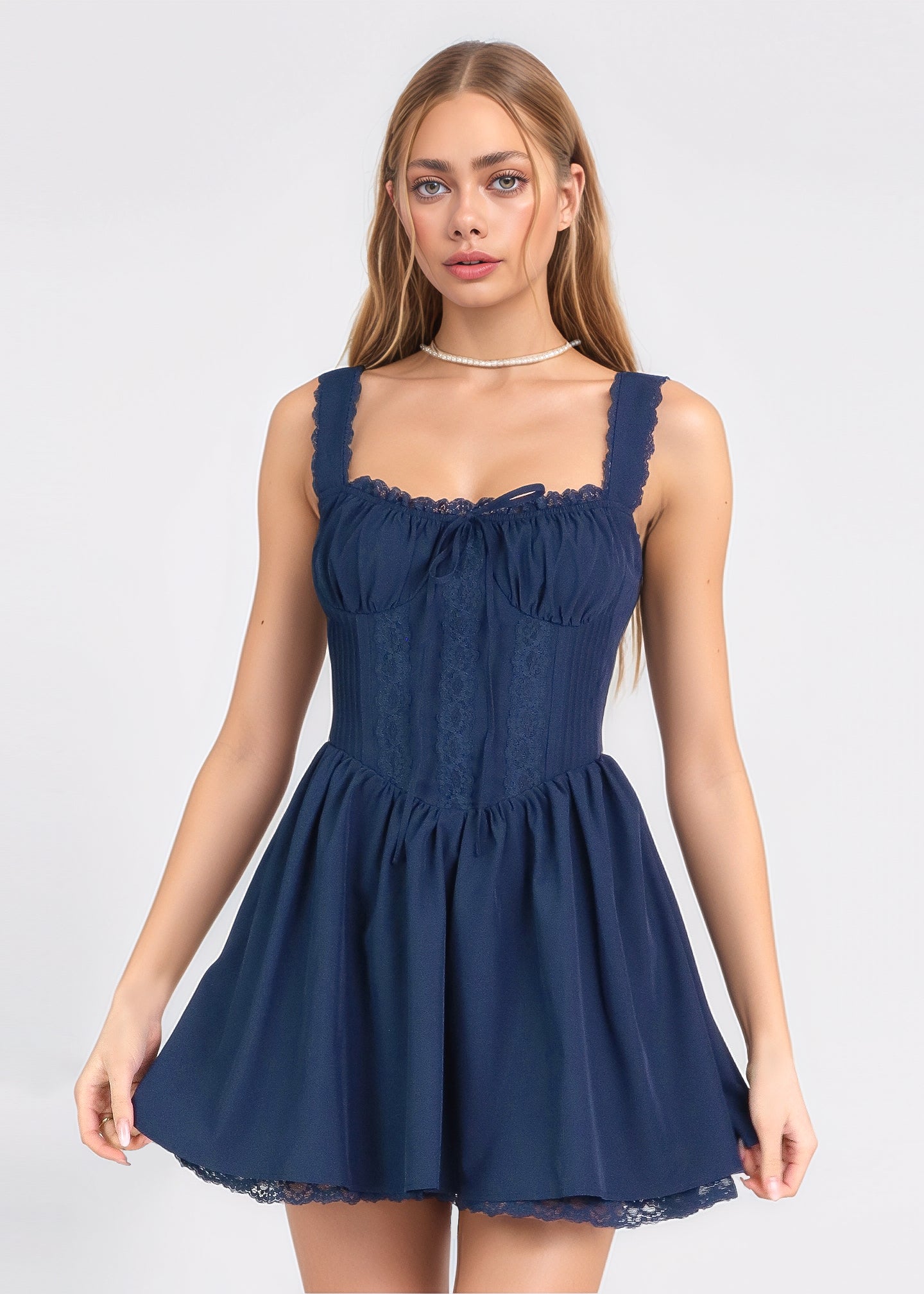 KORE - vestito mini blu con gonna ampia e scollo stile corpetto