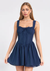 KORE - vestito mini blu con gonna ampia e scollo stile corpetto